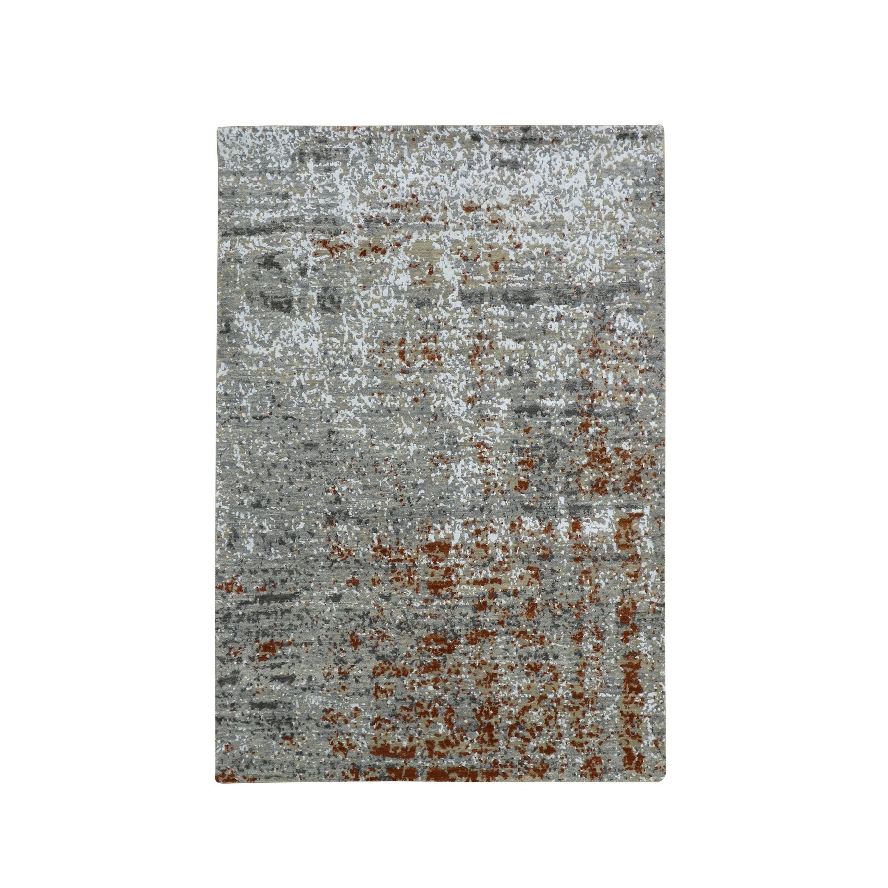 Spanish Gray with Rust, Persian Knot, Abstract with Galaxy Design, Pure Wool, Hand Knotted, Densely Woven, Oriental Rug